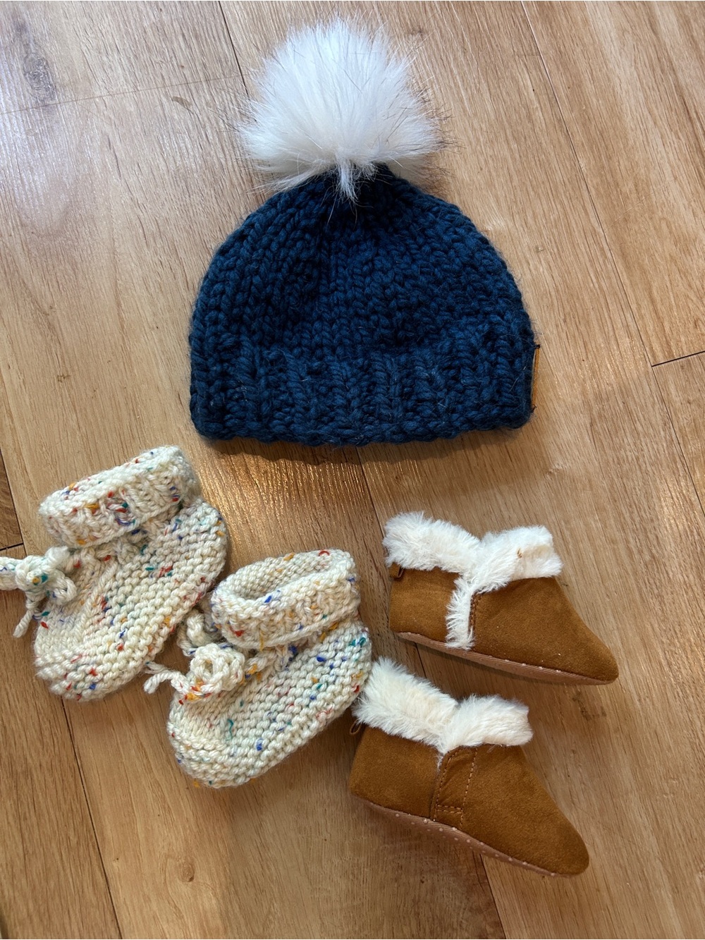 Kids Navy Pom Beanie with Cream Pom and Cozy Baby Booties Set 0-6 months